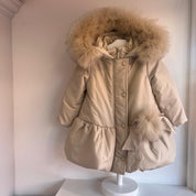 Bimbalo - Fur Hood Pom Pom Bow Coat - Champagne