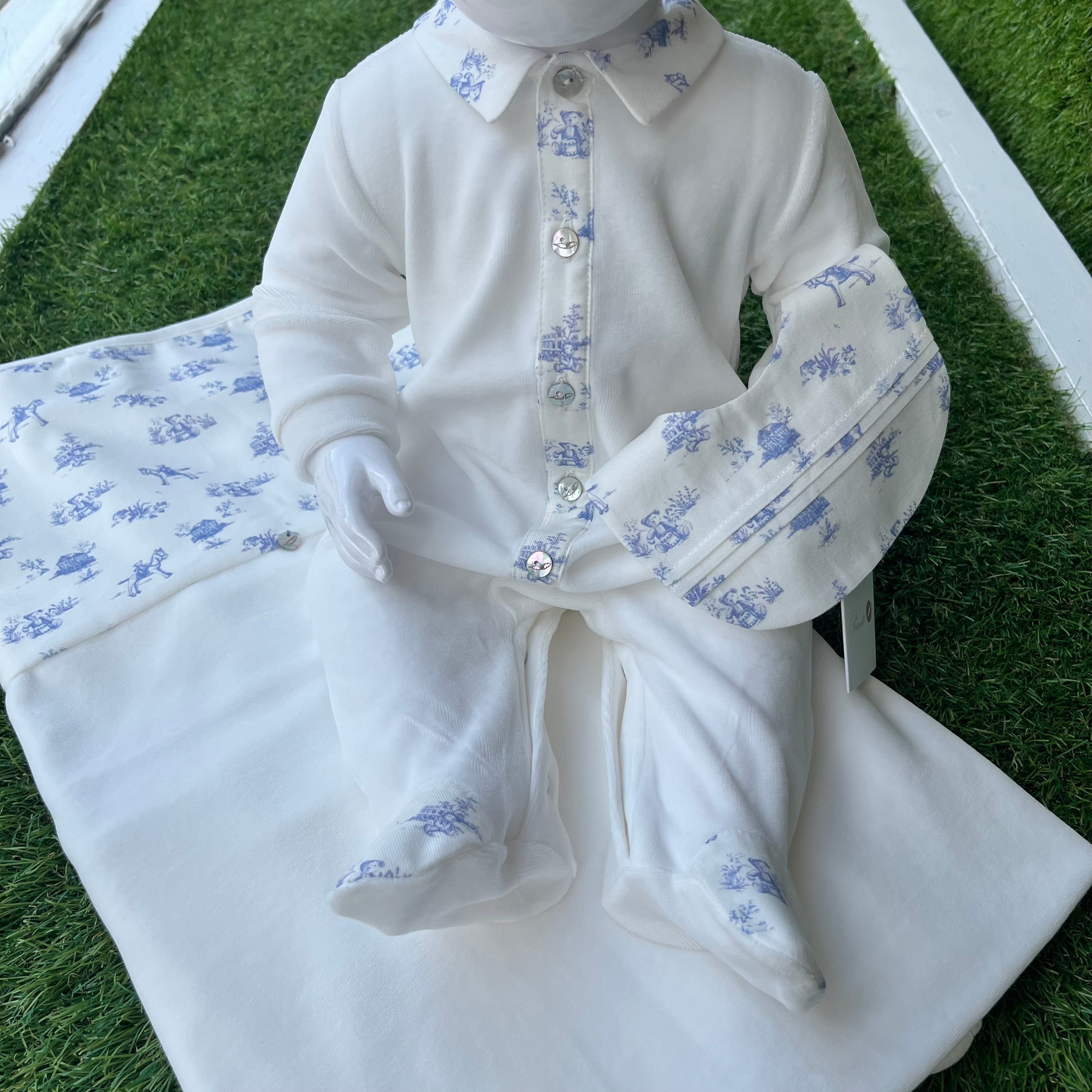 PURETÉ - Velour Toile De Jouy Three Piece Baby Layette Set - Blue