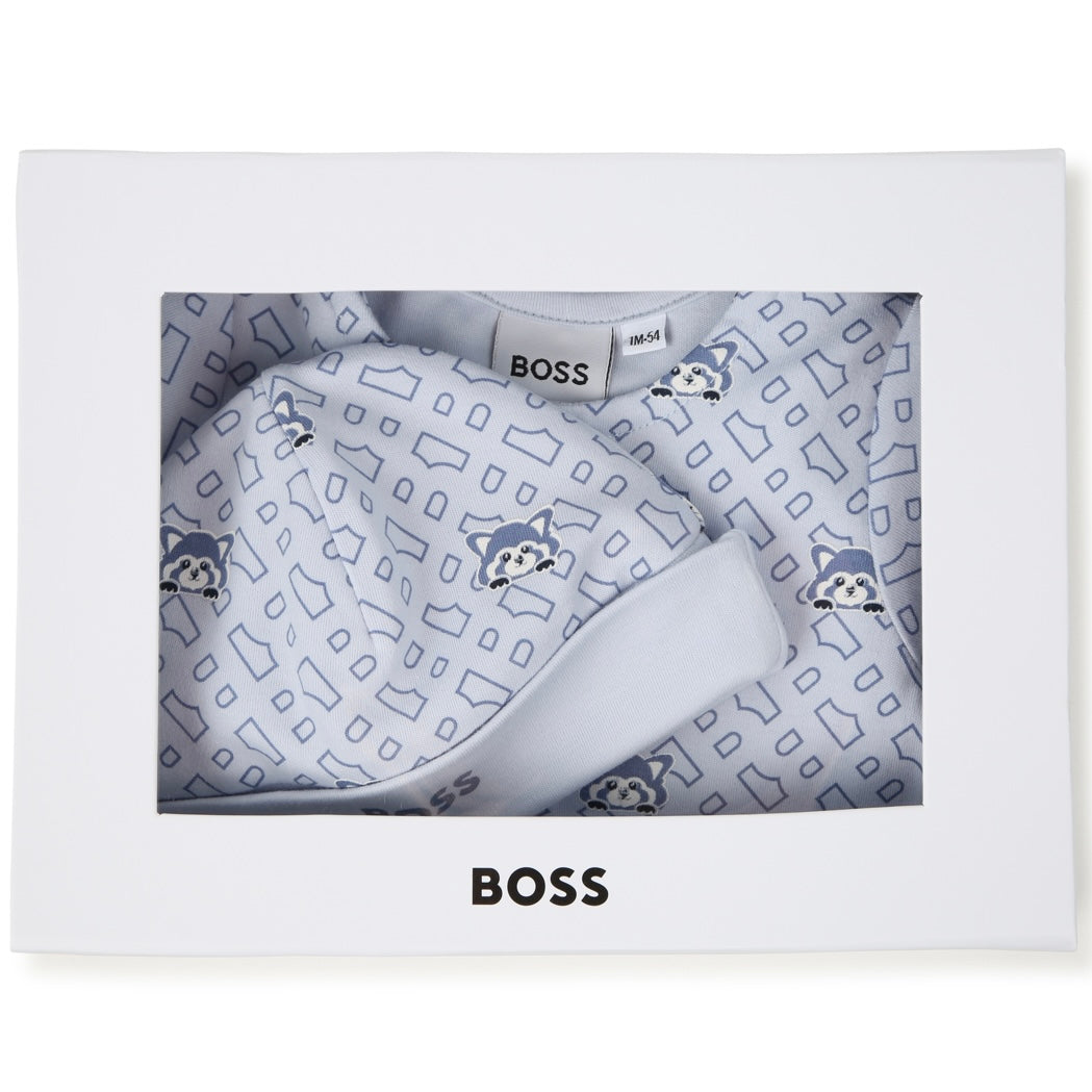 HUGO BOSS - Cotton Print Babygrow  & Hat Set -  Blue