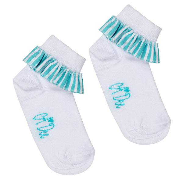 A DEE - Octavia Ocean Pearl Stripe Frill Ankle Socks - White