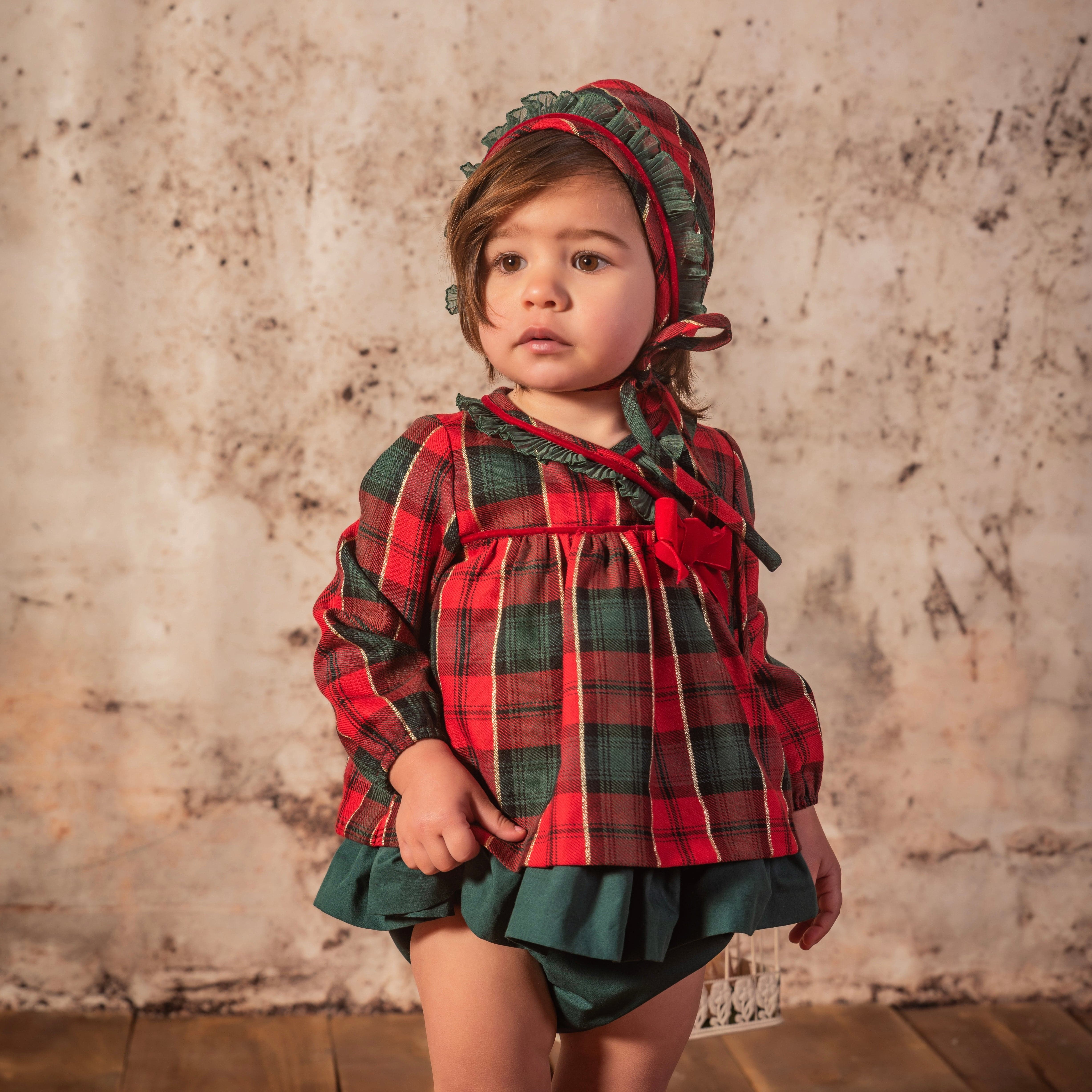 BABINE Check Baby Dress Bonnet Red