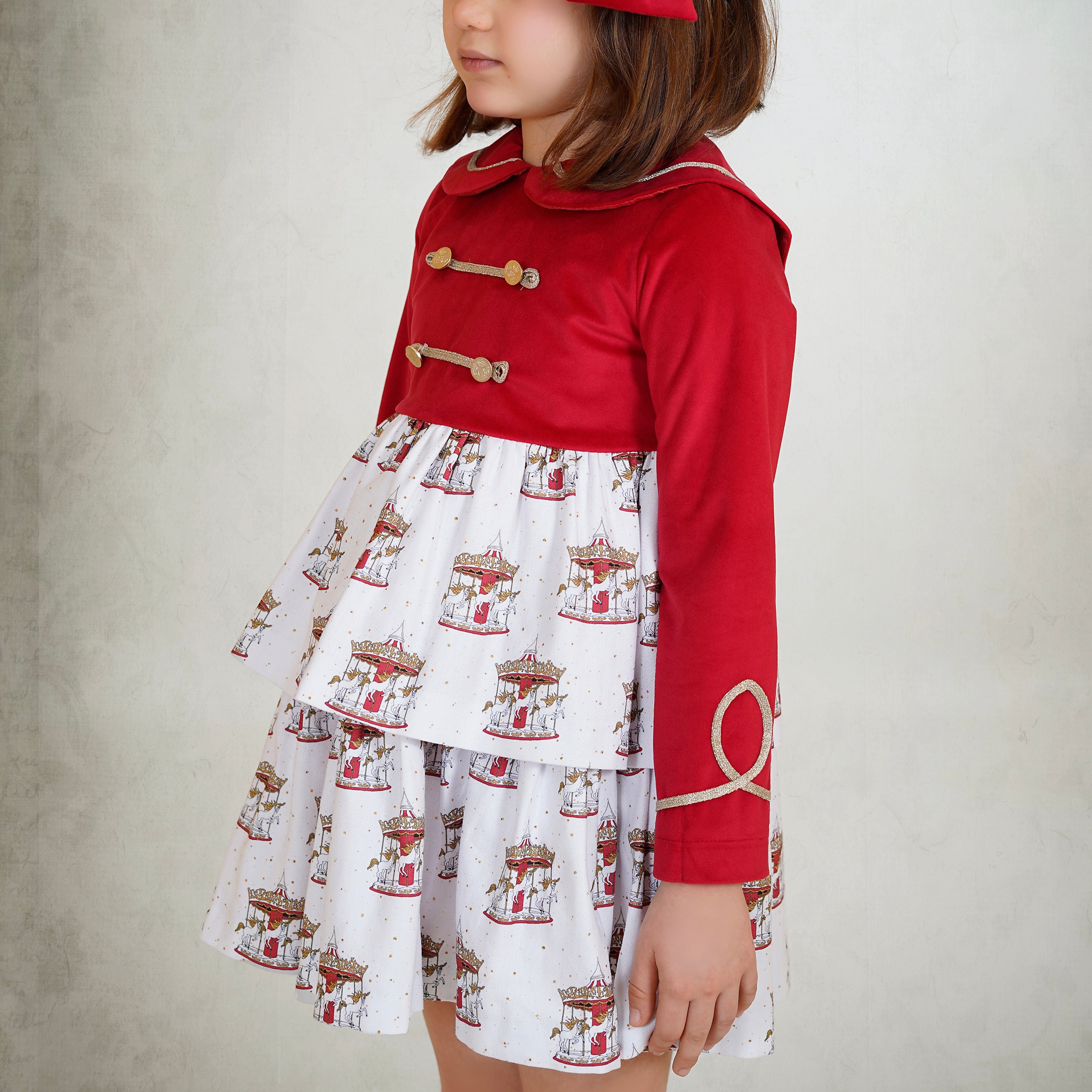 BABINE - Velvet Carousel Puffball Dress - Red