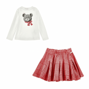 MONNALISA - Teddy Top &  Dog Tooth Skirt Set - Red