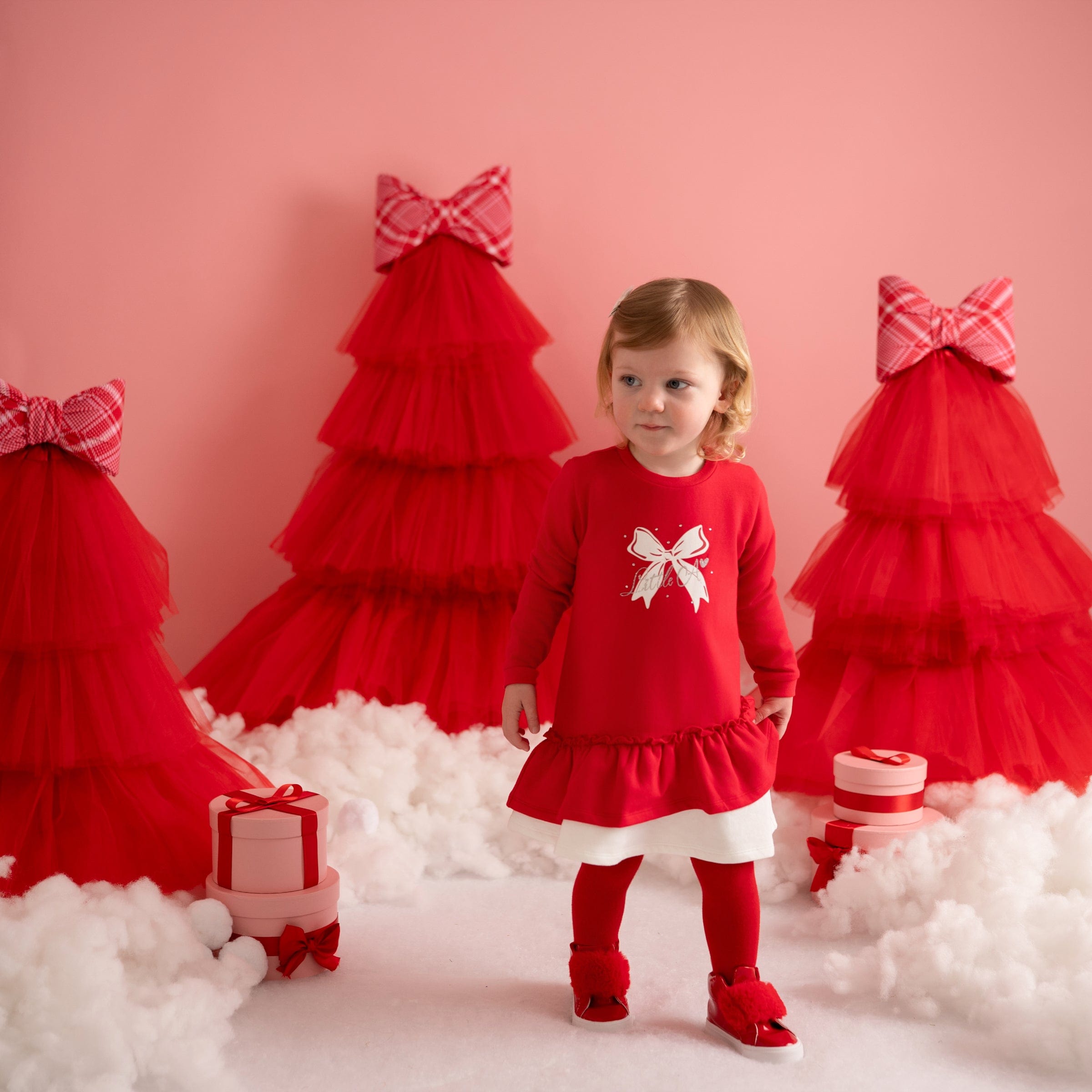 LITTLE A - Little Bows Katrina Bow Frill Sweat Dress - Vibrant Red