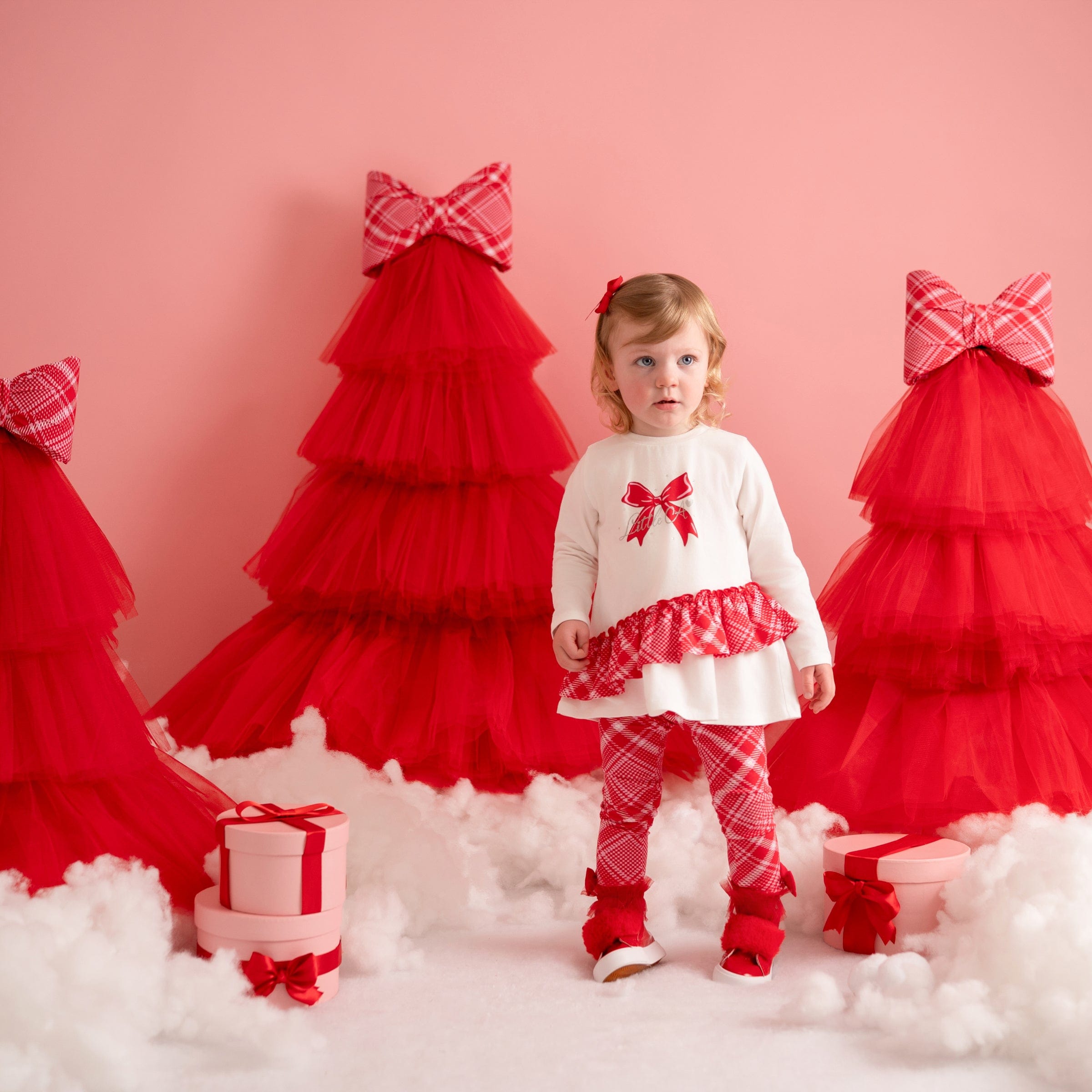 LITTLE A - Little Bows Kiara Bow Check Legging Set - Vibrant Red