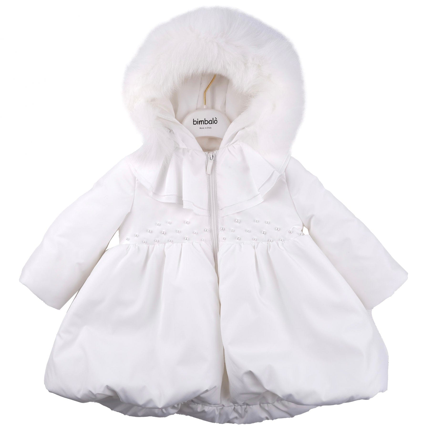 Bimbalo - Fur Hood Pearl Detail Puffball Coat - Cream