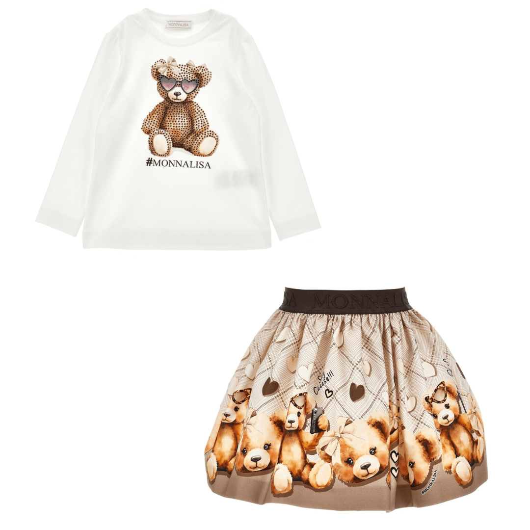 MONNALISA - Teddy Jersey Top & Skirt Set - Camel
