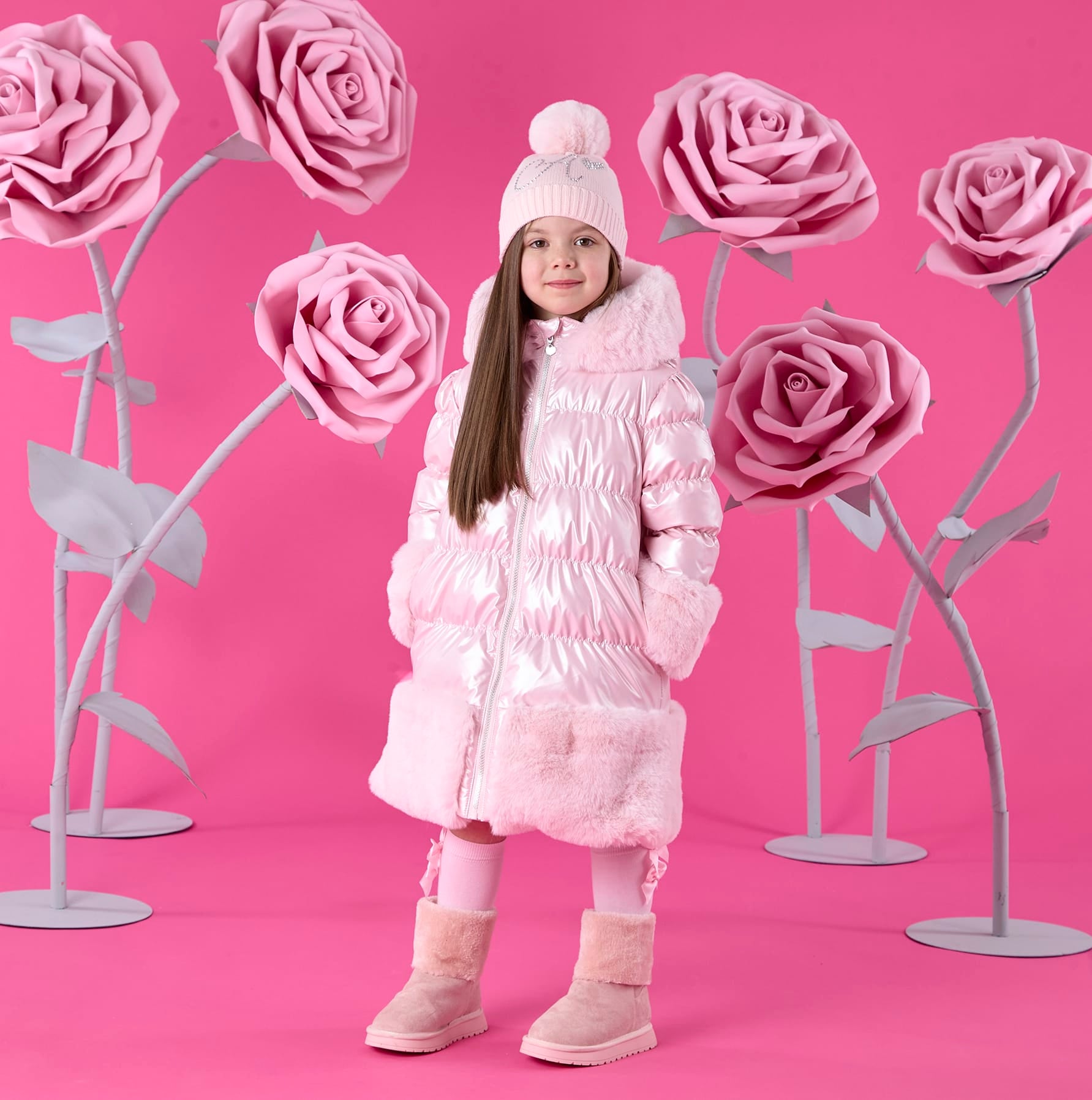 A DEE - Winter Bloom Aurora Long Fur Trim Jacket - Pale Pink