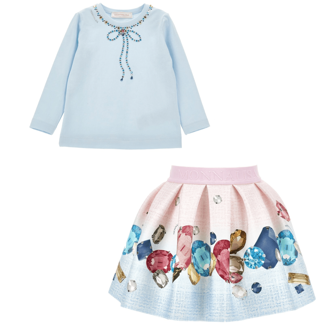 MONNALISA - Jewel Jersey Top & Skirt Set - Blue