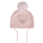 LITTLE A - Bear Hugs Glynne Bear Knitted Pom Pom Hat - Baby Pink