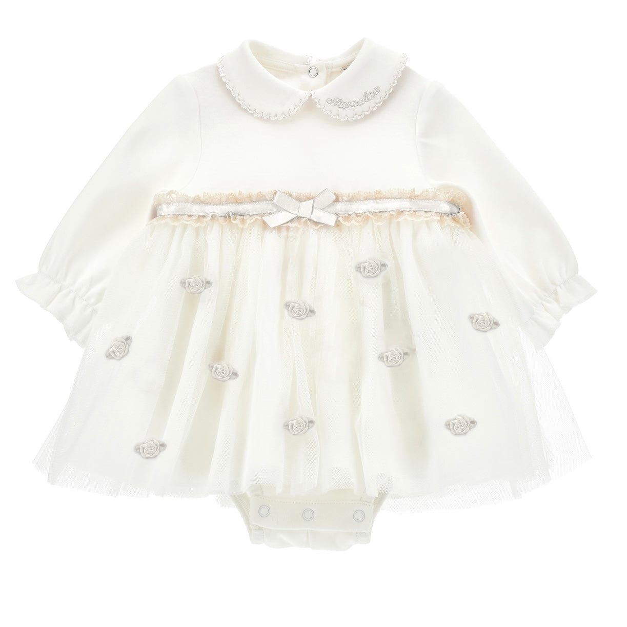 MONNALISA - Rose Bud & Lace Romper Dress - Ivory