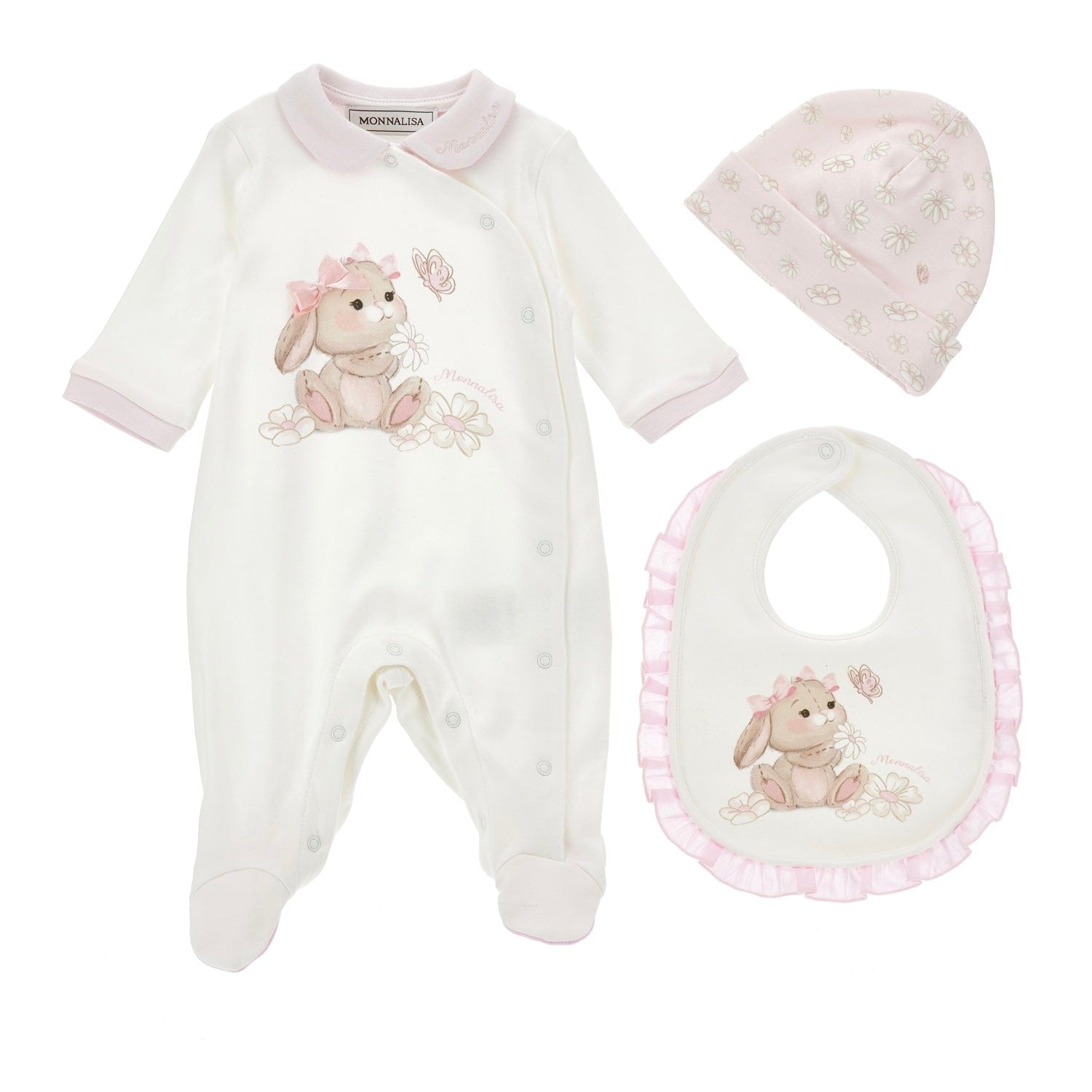 MONNALISA - Bunny Babygrow Three Piece Set - Pink