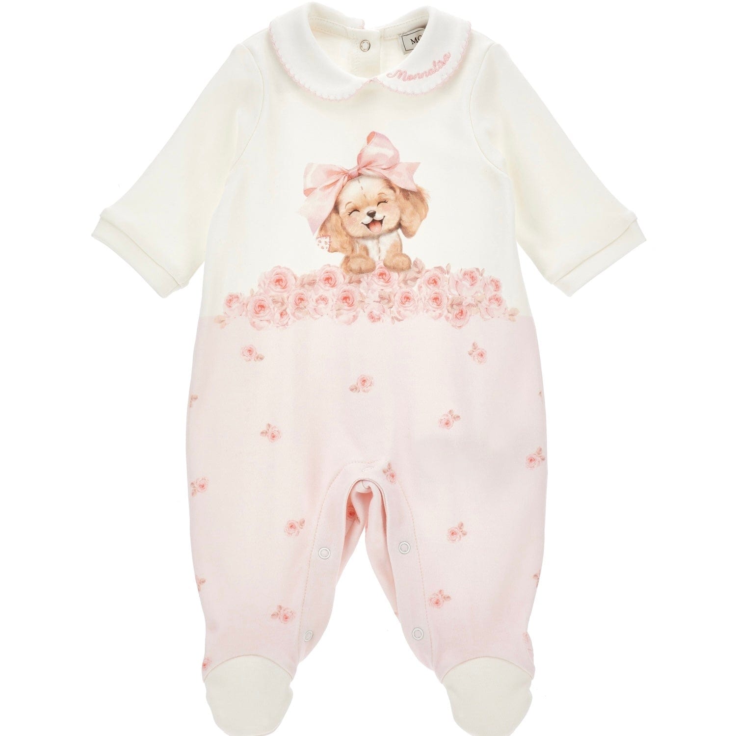 MONNALISA - Rose & Bow Puppy Babygrow - Pink