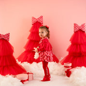 LITTLE A - Little Bows Kacey Check Frill Romper - Vibrant Red