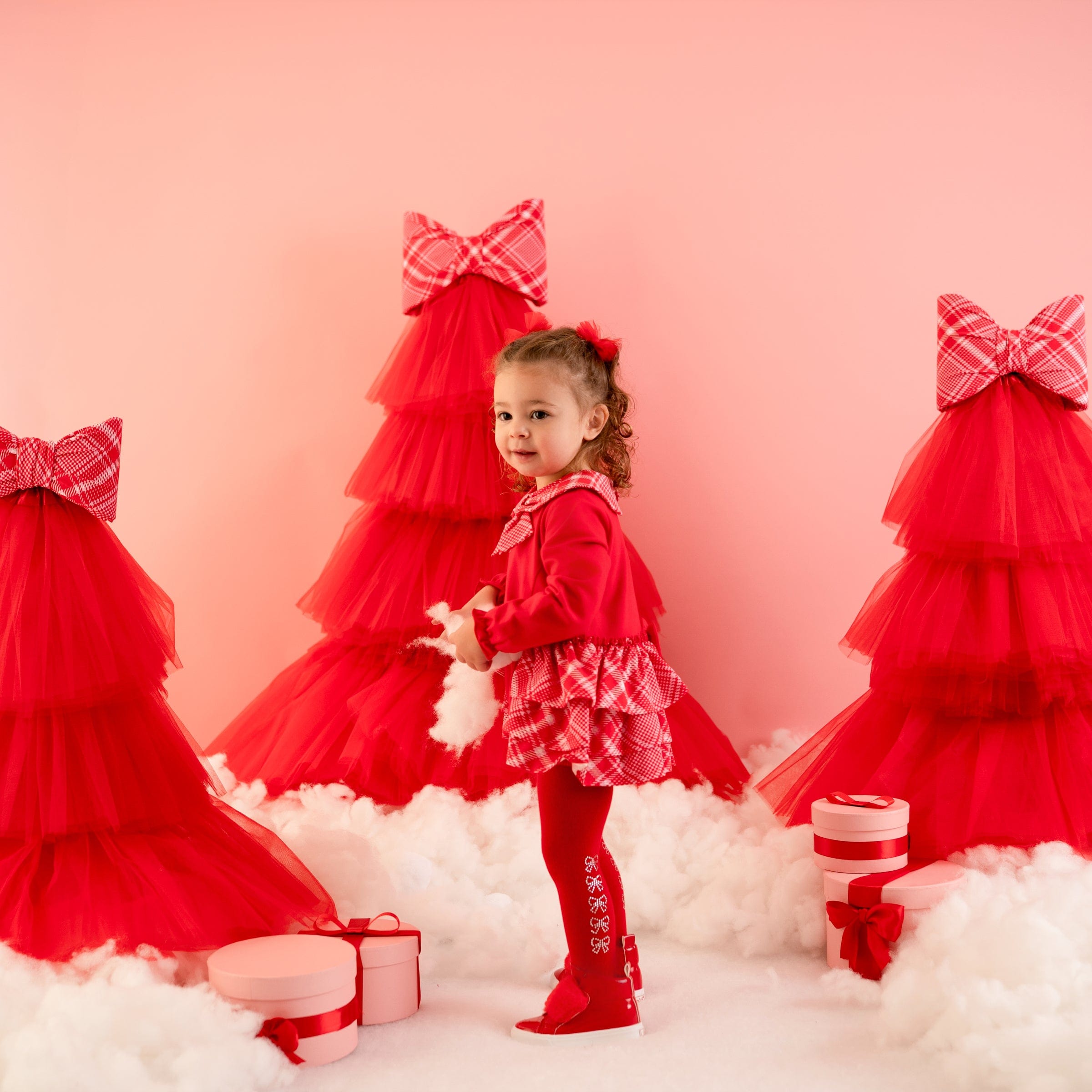 LITTLE A - Little Bows Kacey Check Frill Romper - Vibrant Red