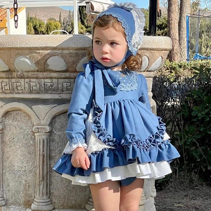 LA AMAPOLA - Matilda Baby Dress & Bonnet - Blue