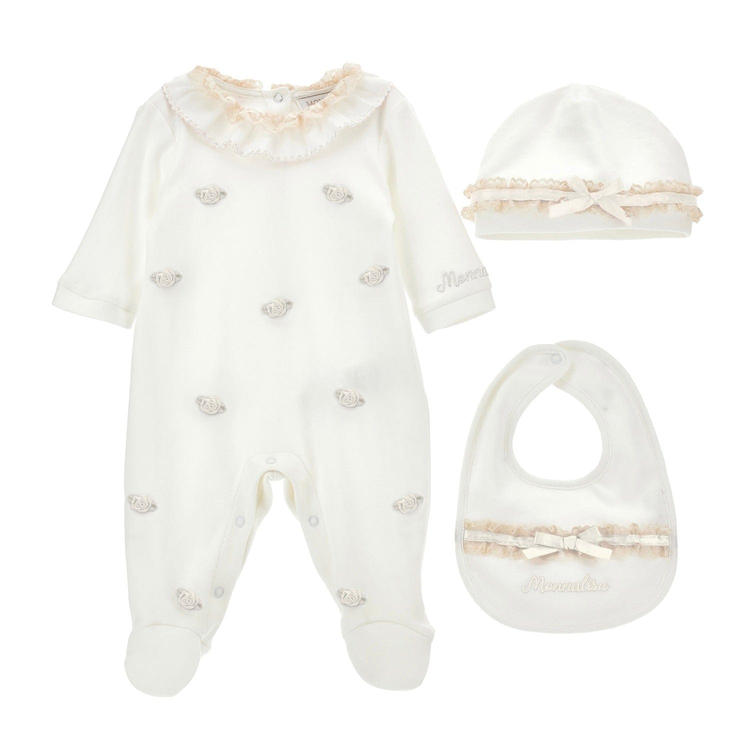 MONNALISA - Rose Bud & Lace Three Piece Set - Ivory