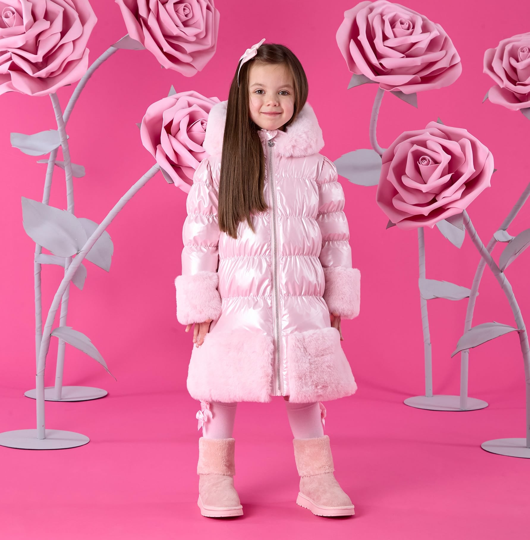 A DEE - Winter Bloom Aurora Long Fur Trim Jacket - Pale Pink