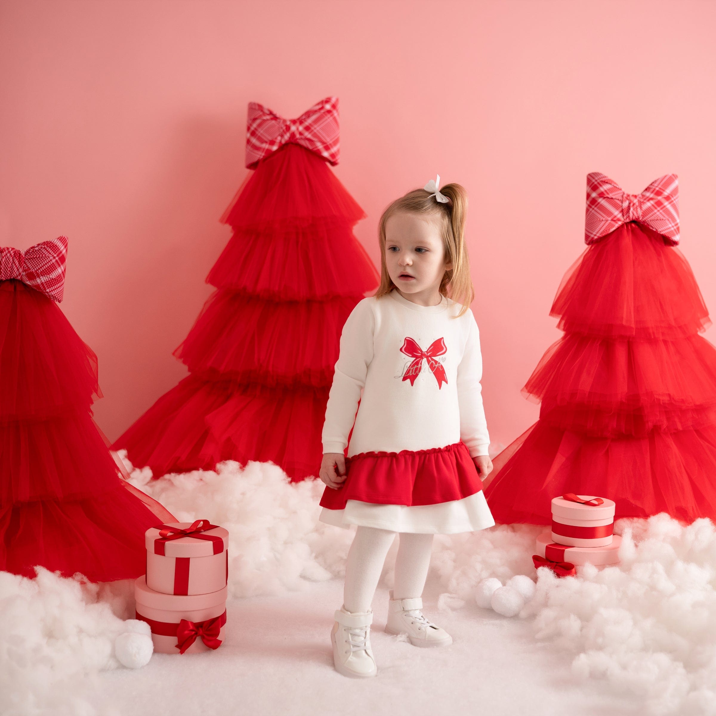 LITTLE A - Little Bows Katrina Bow Frill Sweat Dress - Snow White