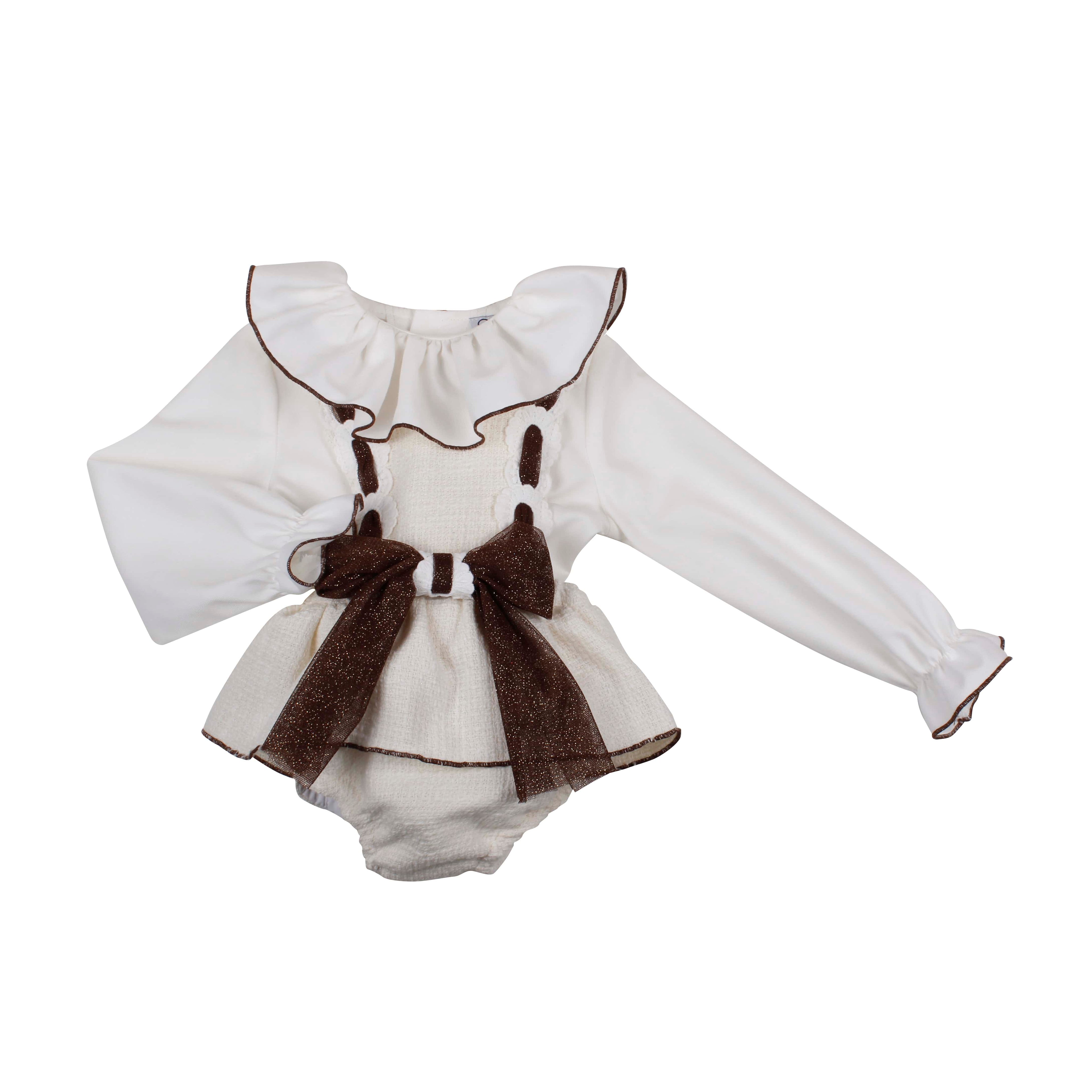 NAXOS - Tweed Romper & Blouse With Chocolate Brown Trim - Cream