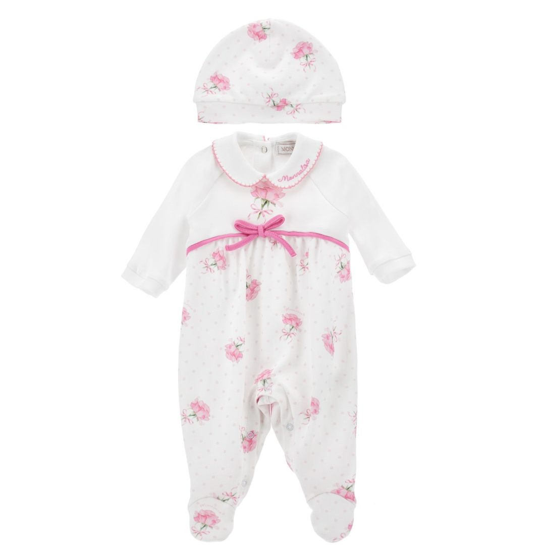 MONNALISA - Rose Babygrow & Hat Set - White