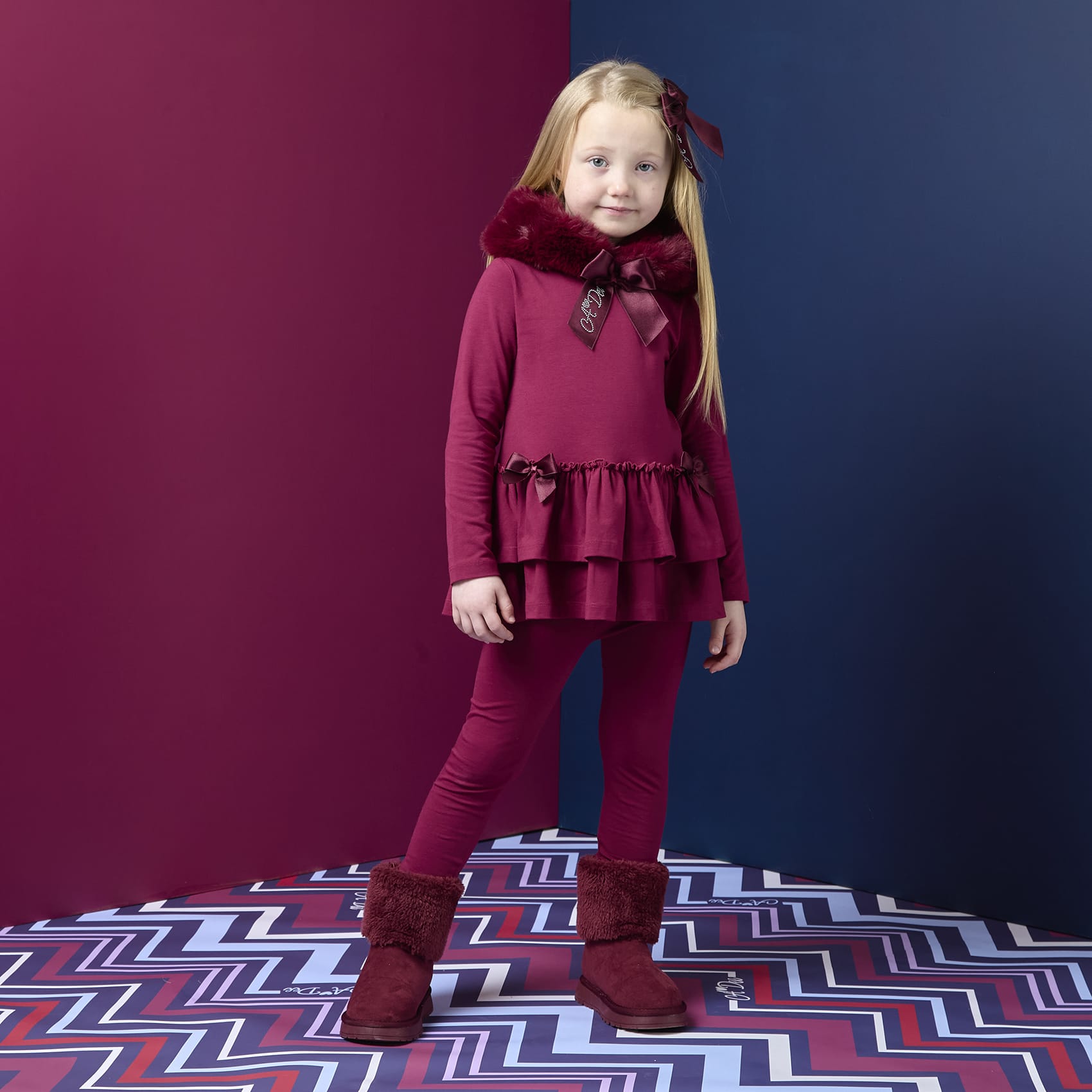 A DEE - Chevron Charm Alina Fur Trim Legging Set - Deep Cherry