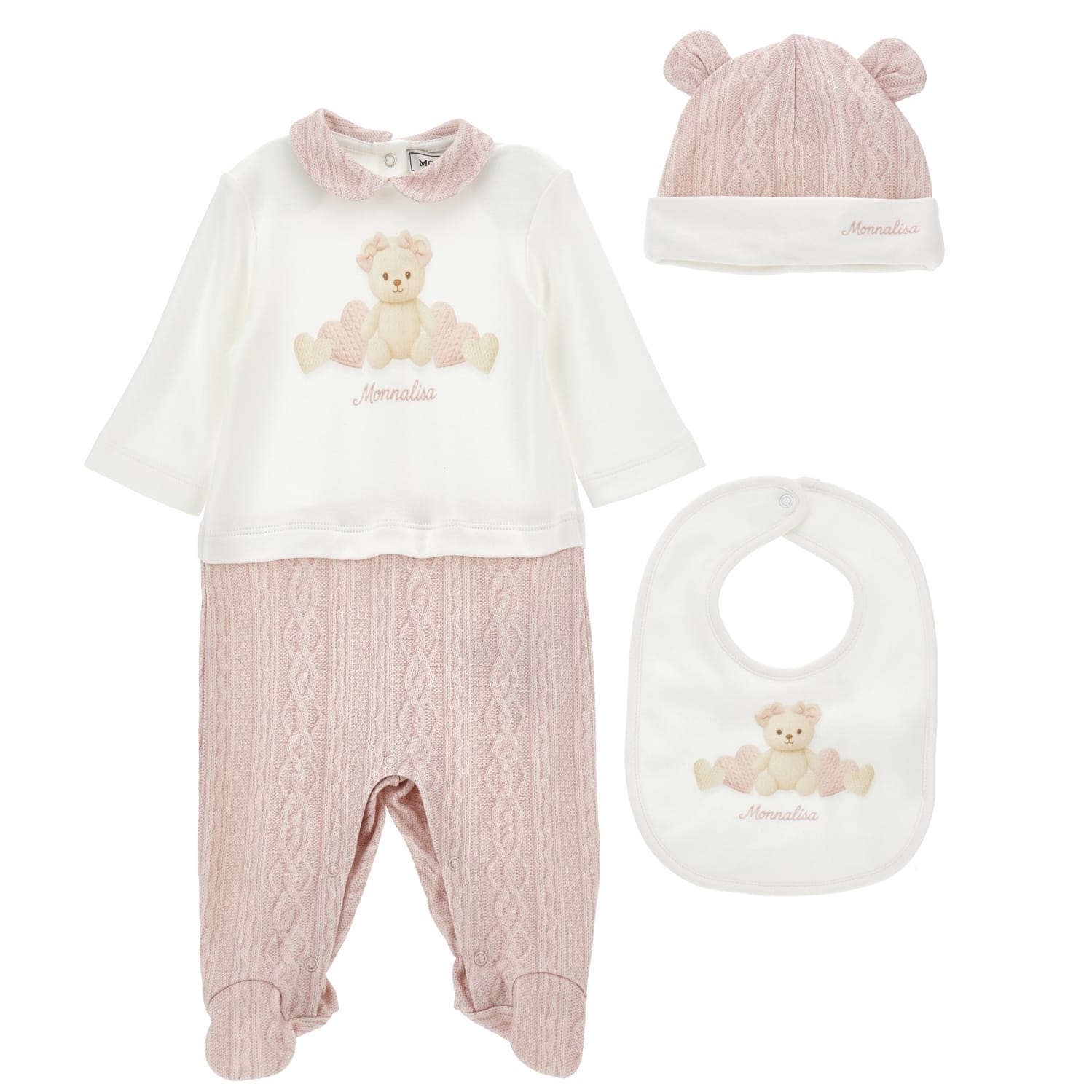 MONNALISA - Teddy Babygrow Three Piece Set - Pink