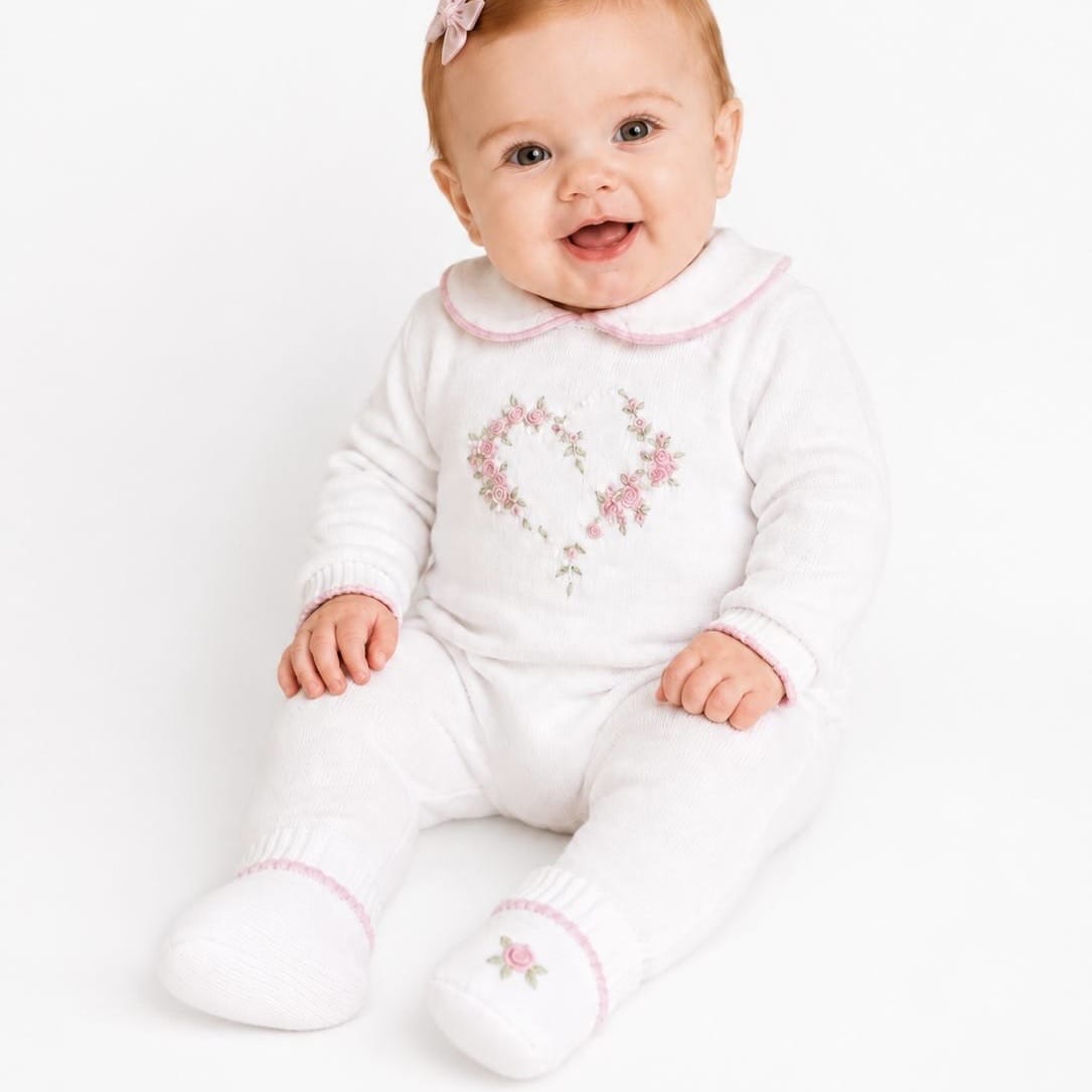 BIMBALO - Hand Embroidered Knitted  Blanket Romper & Booties - White