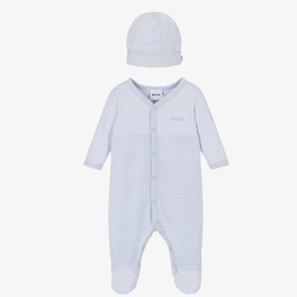 HUGO BOSS - Velour Babygrow  & Hat Set -  Blue