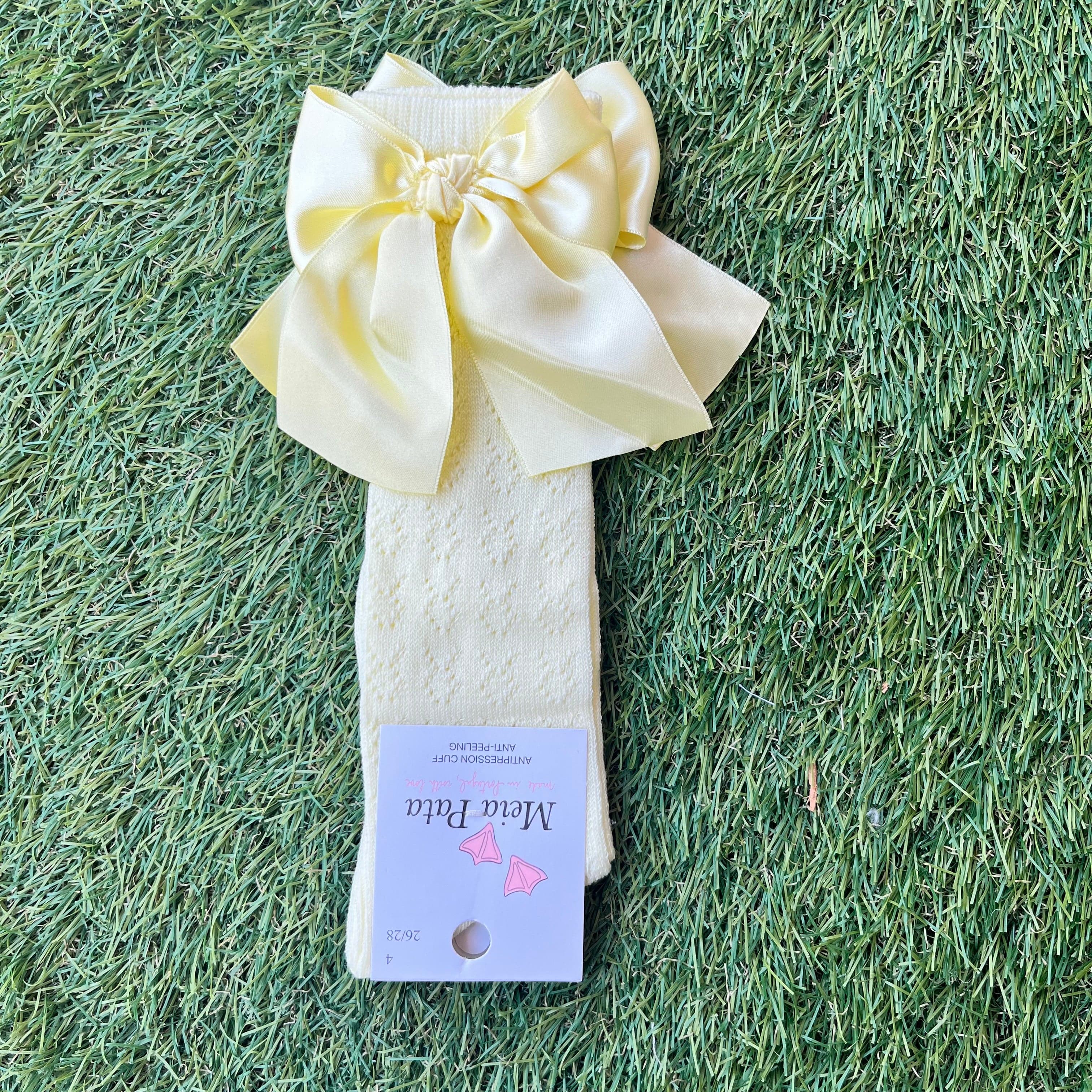 MEIA PATA - Open Knit Knee High Large Bow Sock - Lemon