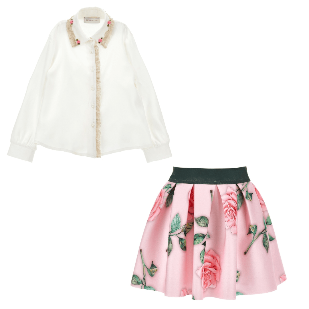 MONNALISA - Rose Blouse & Skirt Set - Pink