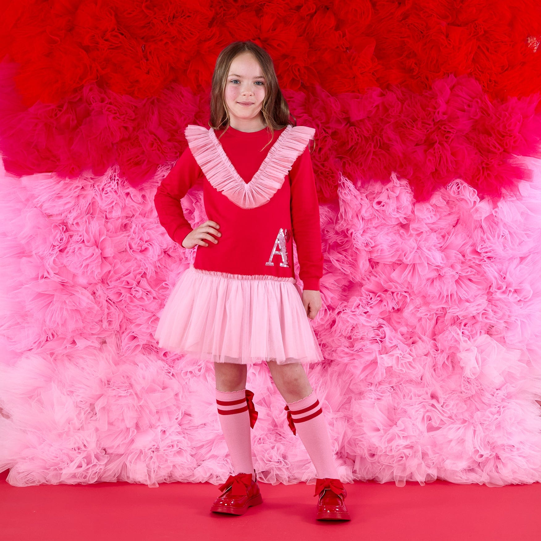 A DEE -  Love Story Lacey Sweat Tulle Dress - Vibrant Red
