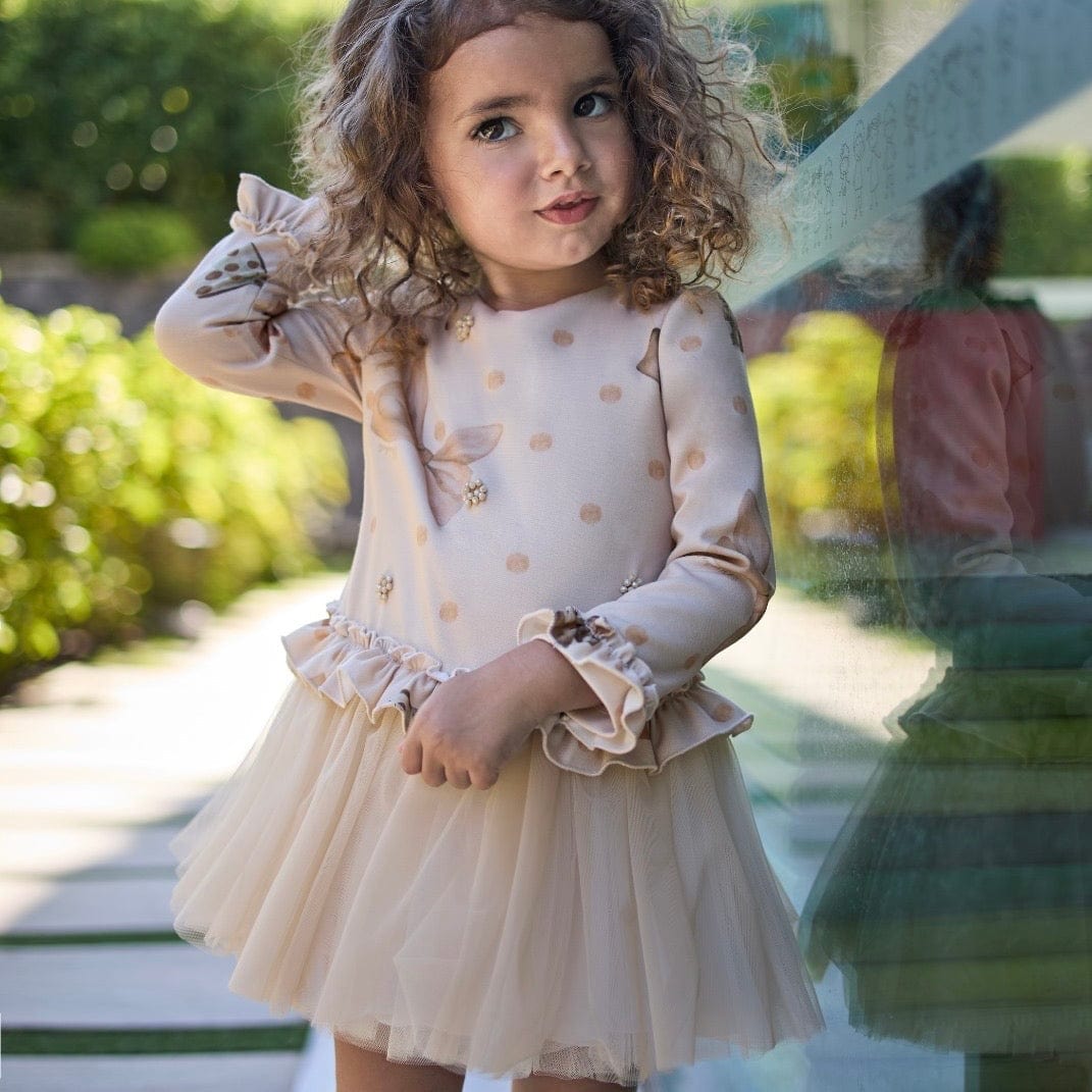 Bimbalo - Tulle Print Bow  Dress - Camel