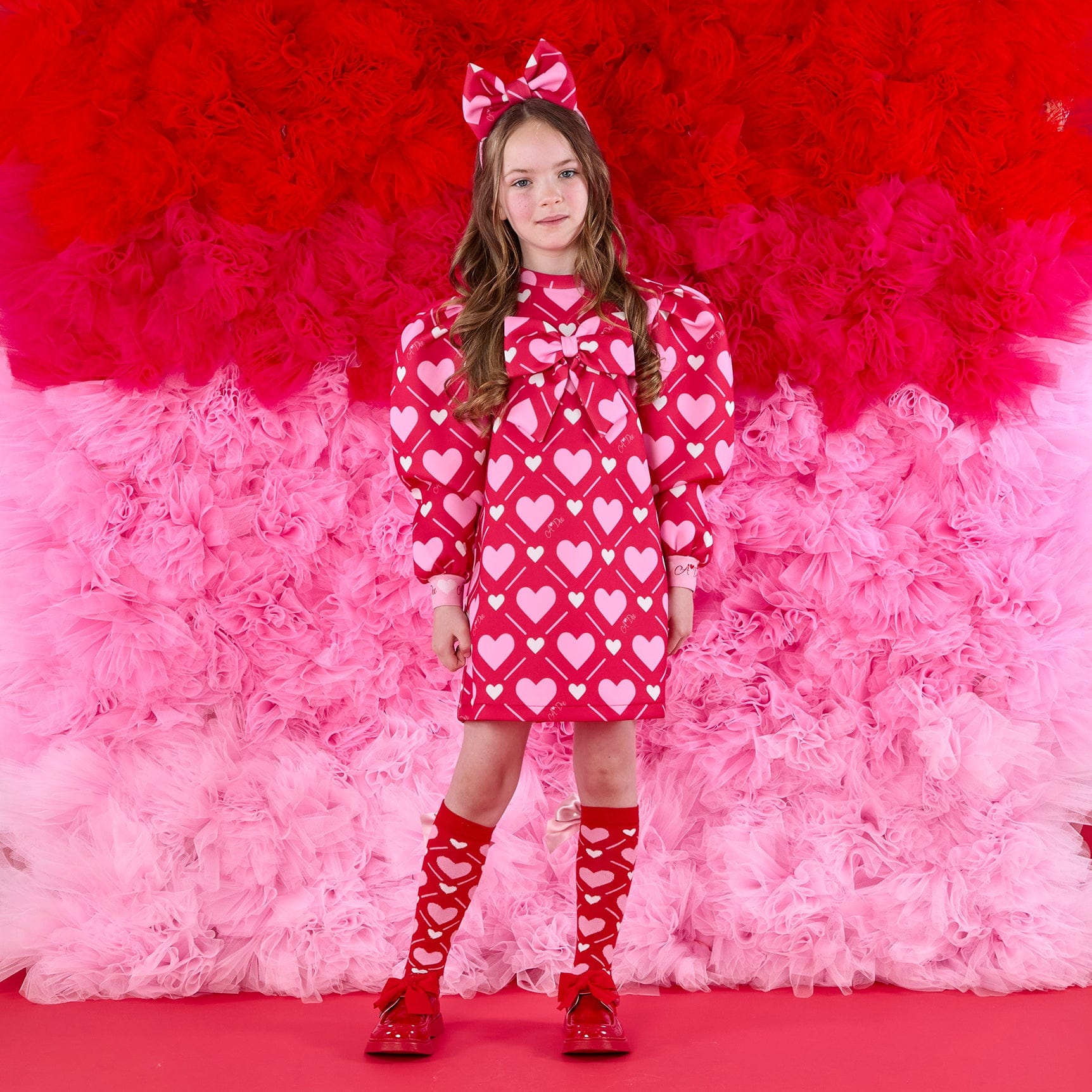 A DEE -  Love Story Libby Heart Print Bow Dress - Vibrant Red