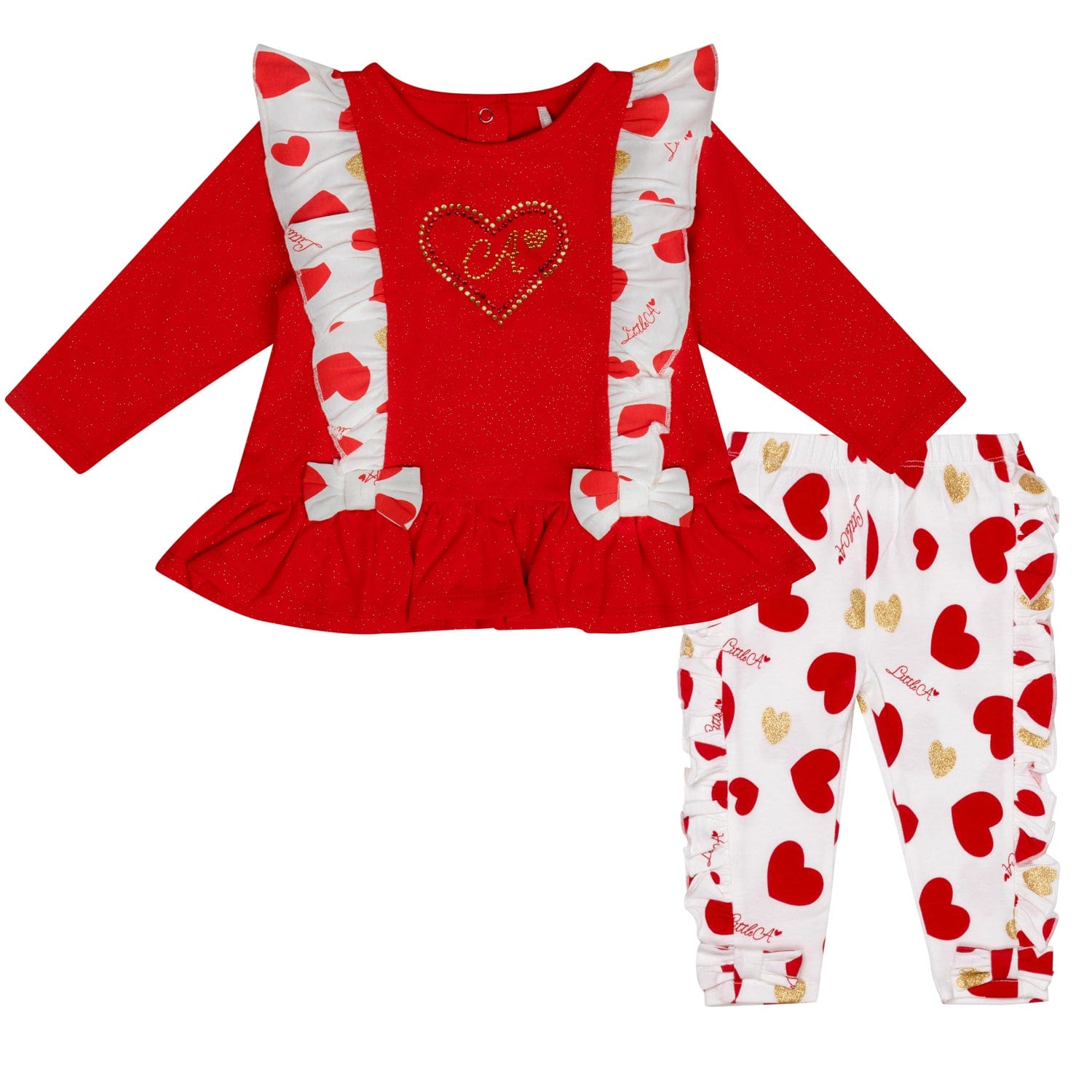 LITTLE A - Festive Hearts Holly Heart Print Legging Set - Red