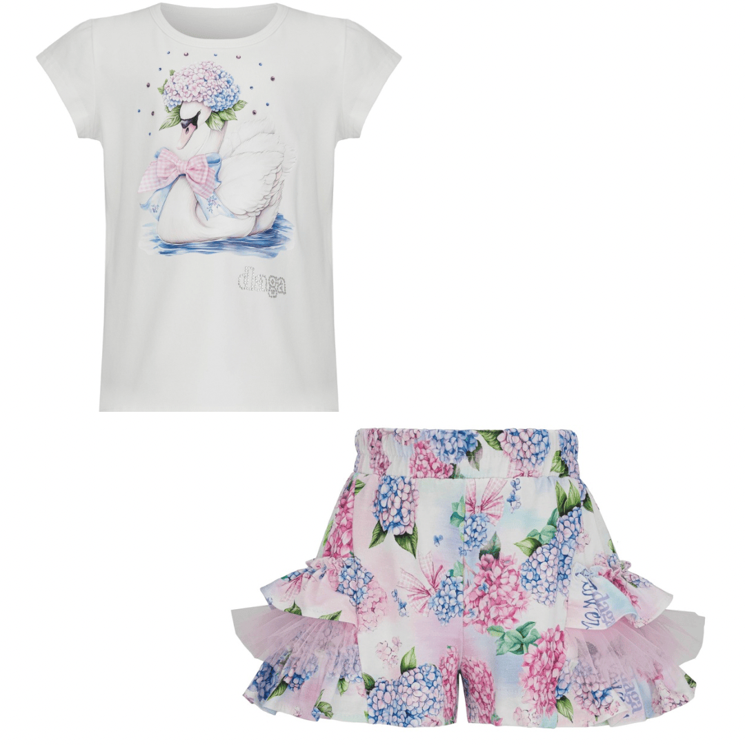 Daga - Pastel Bloom Swan Short Set - White