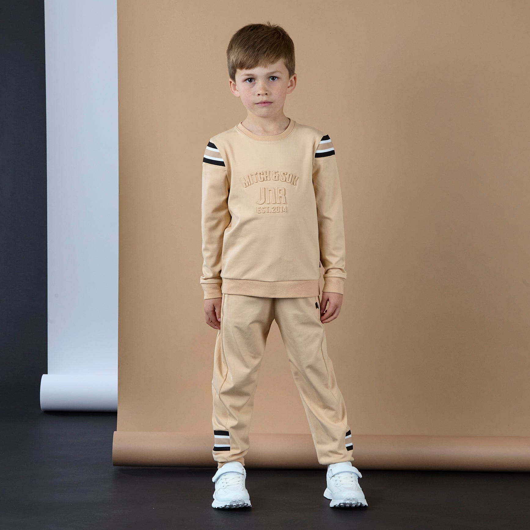MITCH & SON - JNR Luis Embossed Crew Neck Tracksuit - Latte Beige