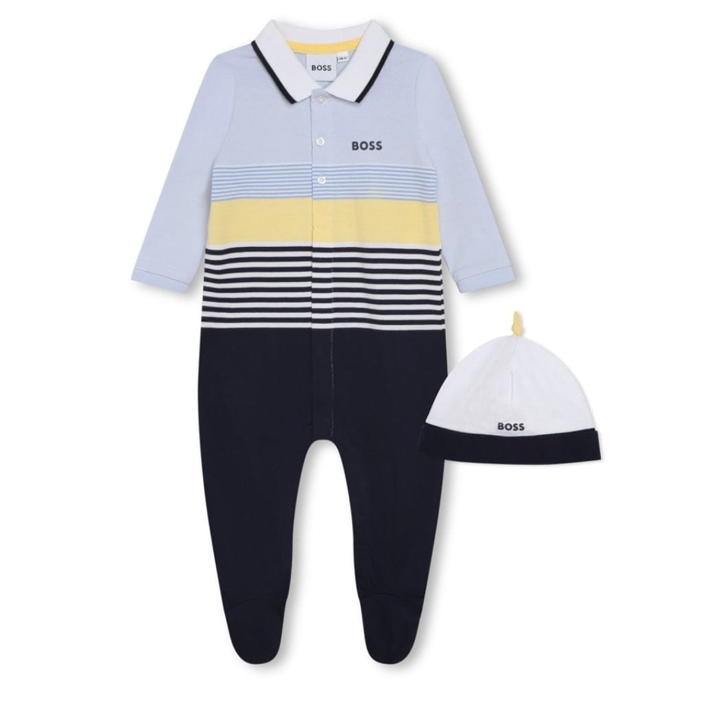 HUGO BOSS - Stripe Collar  Babygrow & Hat Set - Blue