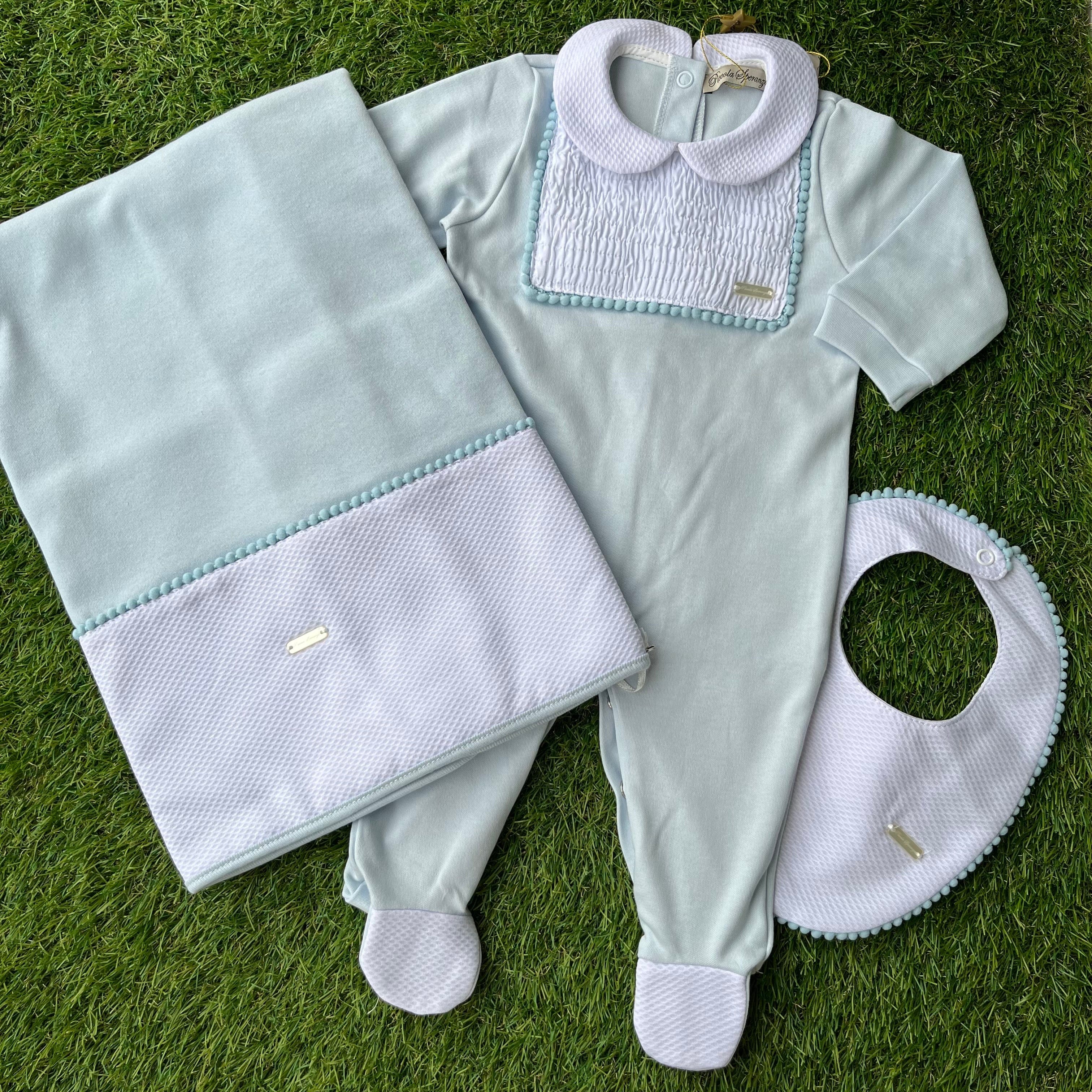 Piccola Speranza -Peter Pan collar  Baby Layette Three Piece Set- Blue