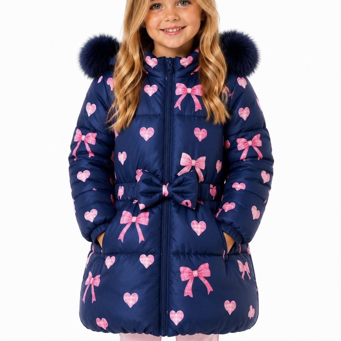 Bimbalo - Fur Hood Bow Print Coat - Navy