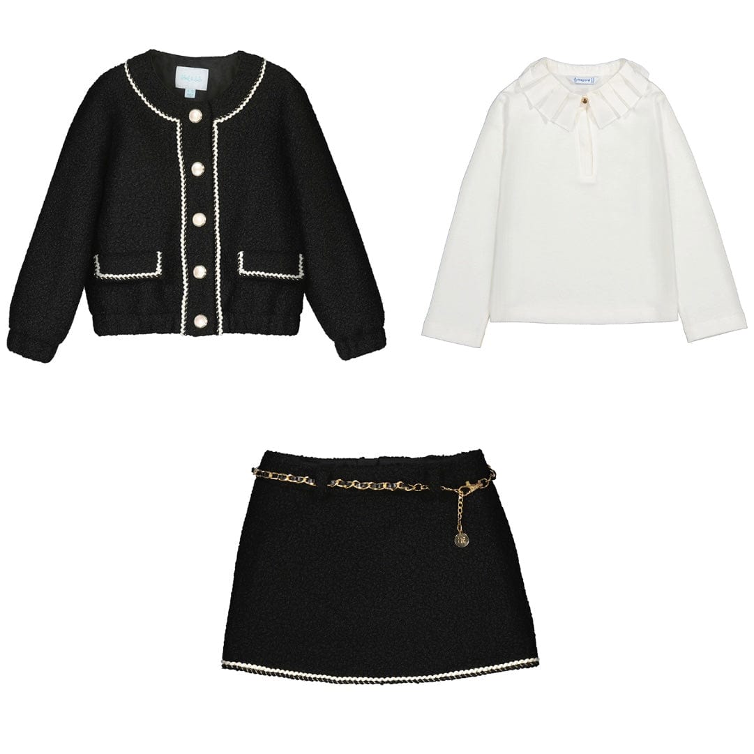 ABEL & LULA - Sherpa Jacket Blouse & Lamb Wool Skirt With Belt - Black