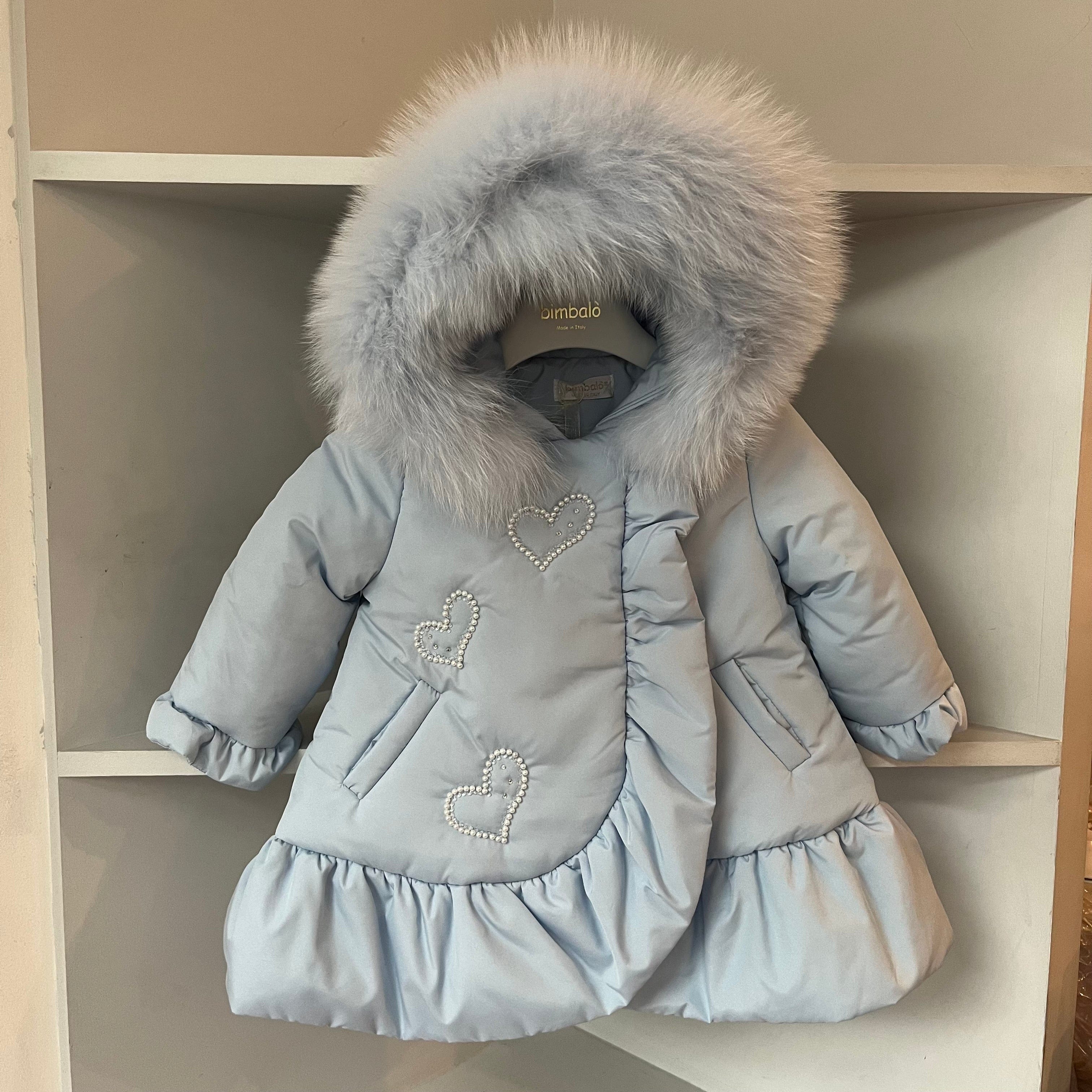 Bimbalo - Fur Hood Pearl Detail Heart Coat - Baby Blue