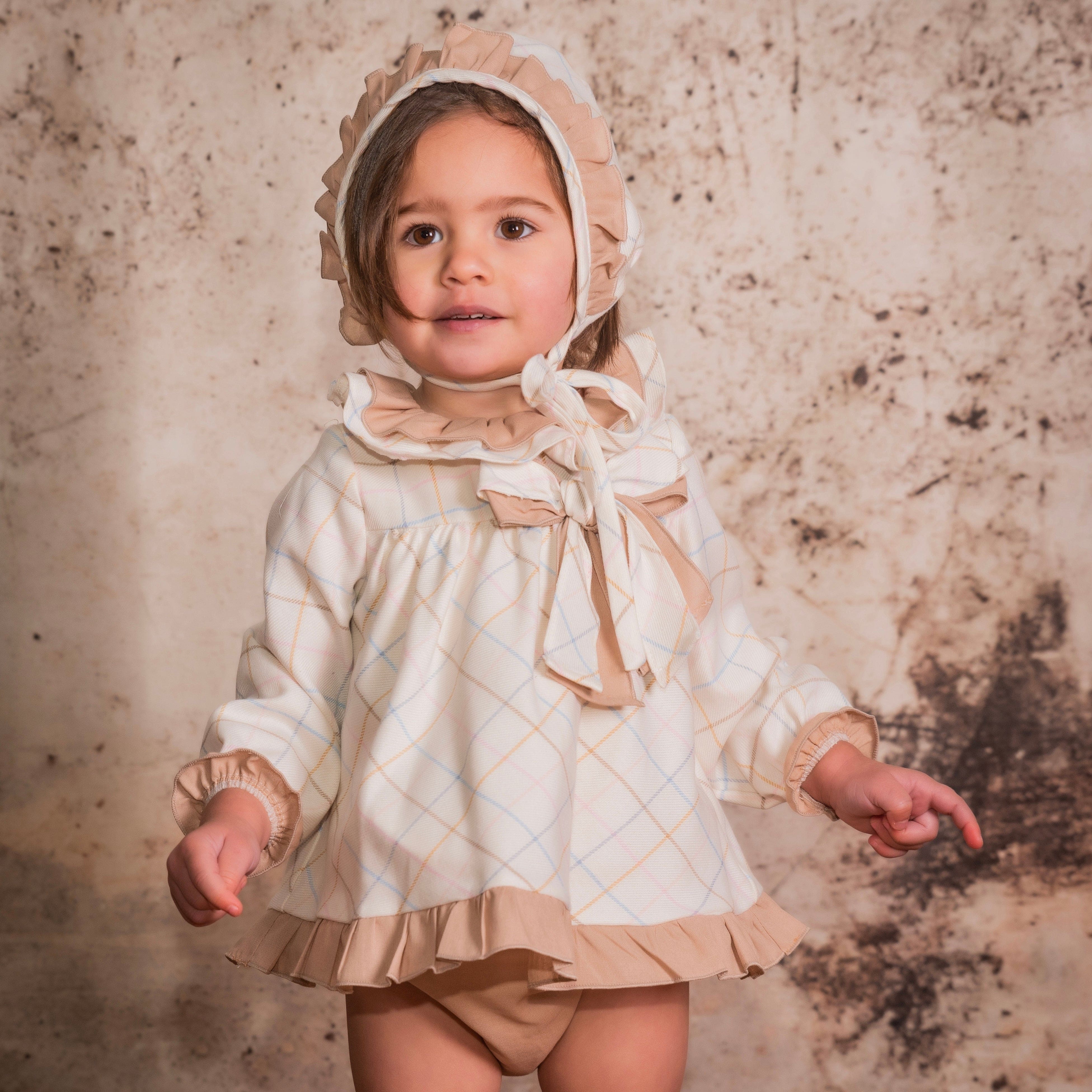 BABINE - Check Baby Dress & Bonnet - Cream