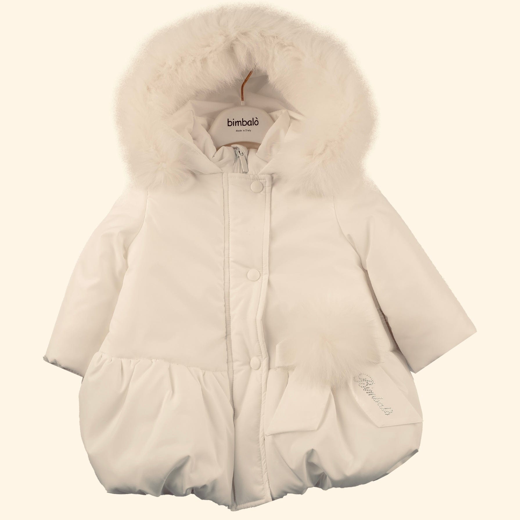 Bimbalo - Fur Hood Pom Pom Bow Coat - Champagne