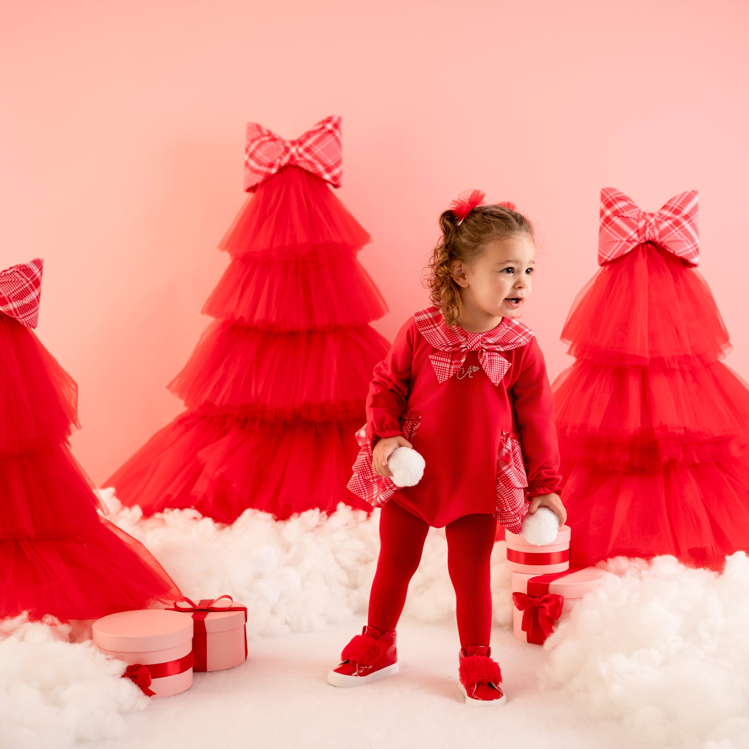 LITTLE A - Little Bows Kacey Check Frill Romper - Vibrant Red