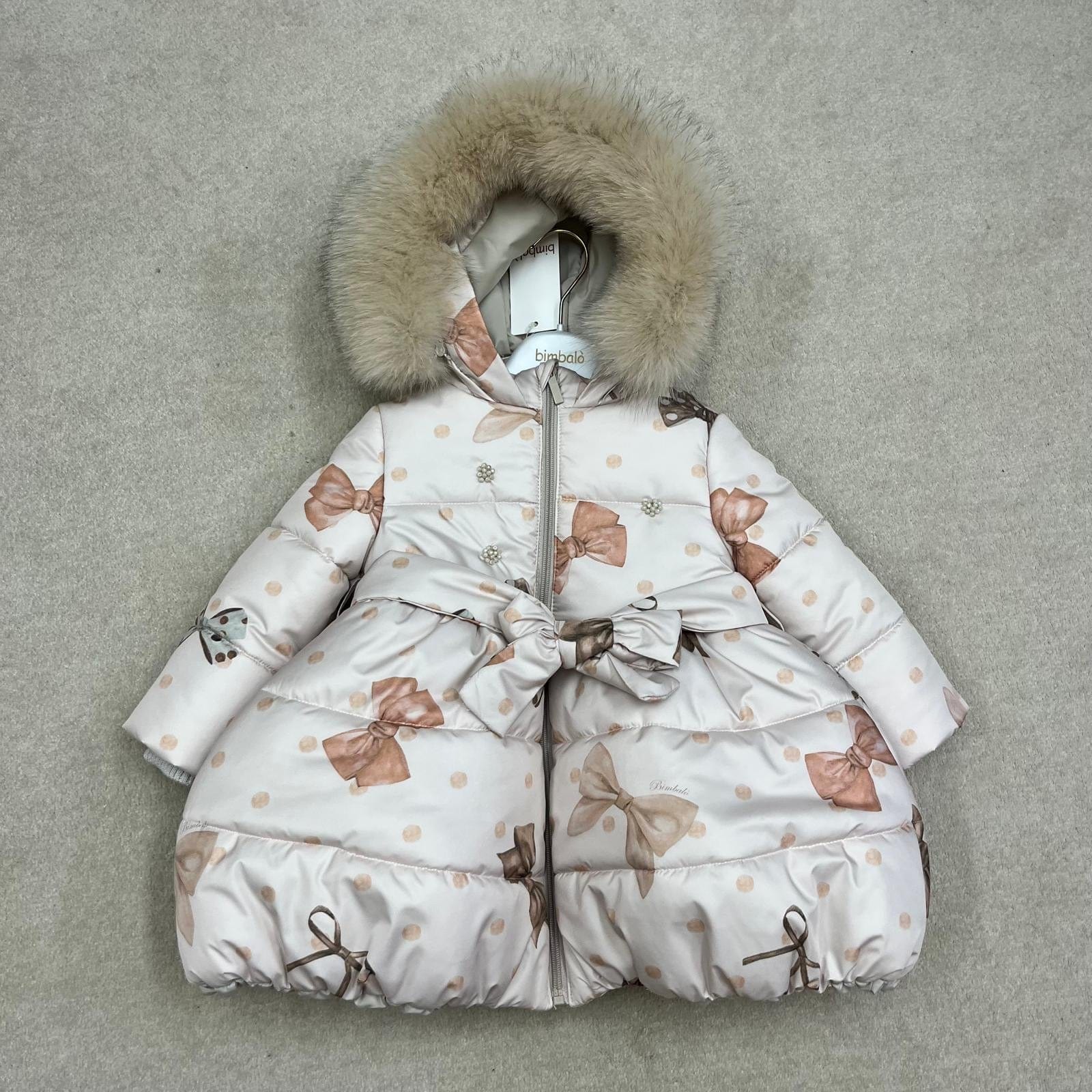 Bimbalo - Fur Hood Bow Print Coat - Camel