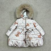 Bimbalo - Fur Hood Bow Print Coat - Camel
