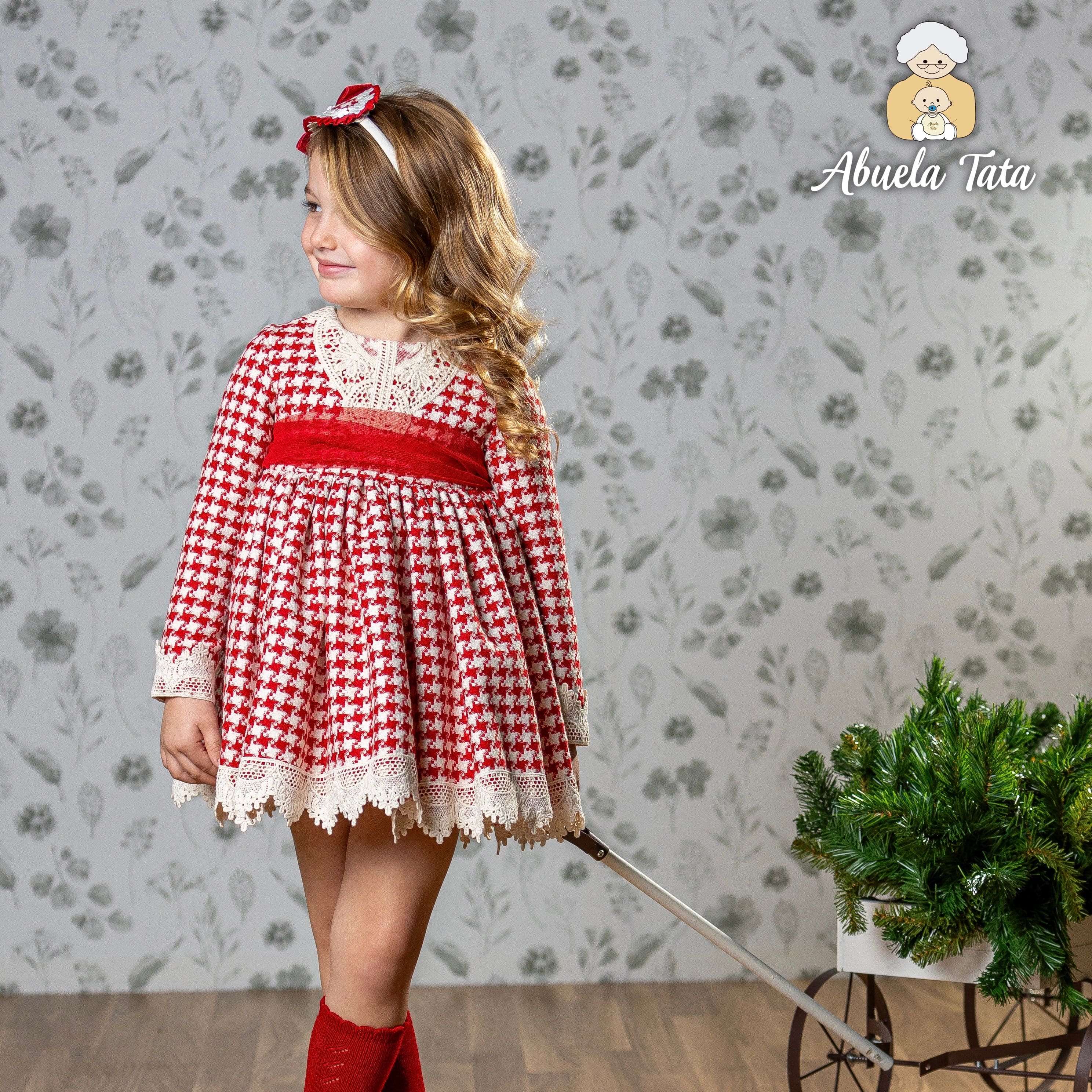ABUELA TATA - Christmas Dogtooth Puffball Dress - Red