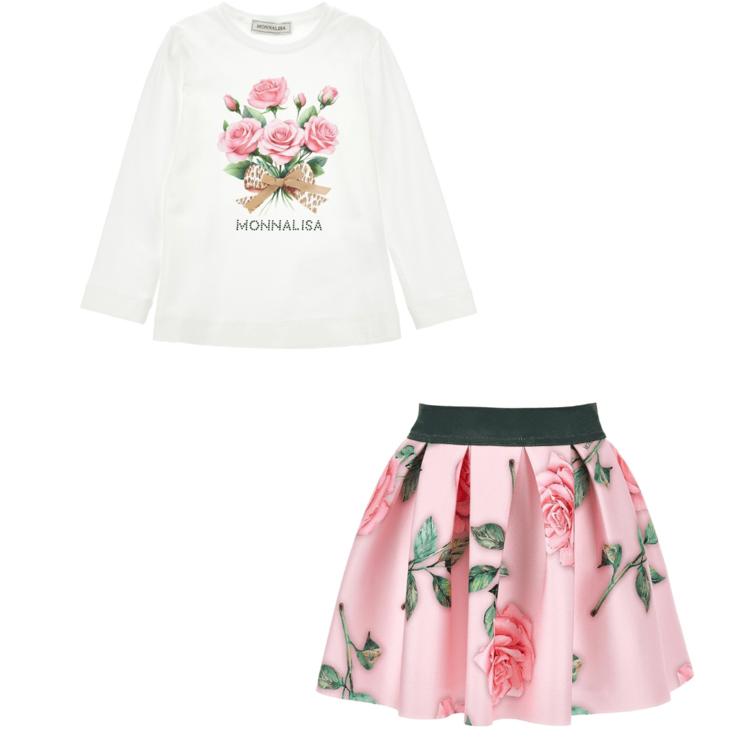 MONNALISA - Rose Jersey Top & Skirt Set - Pink