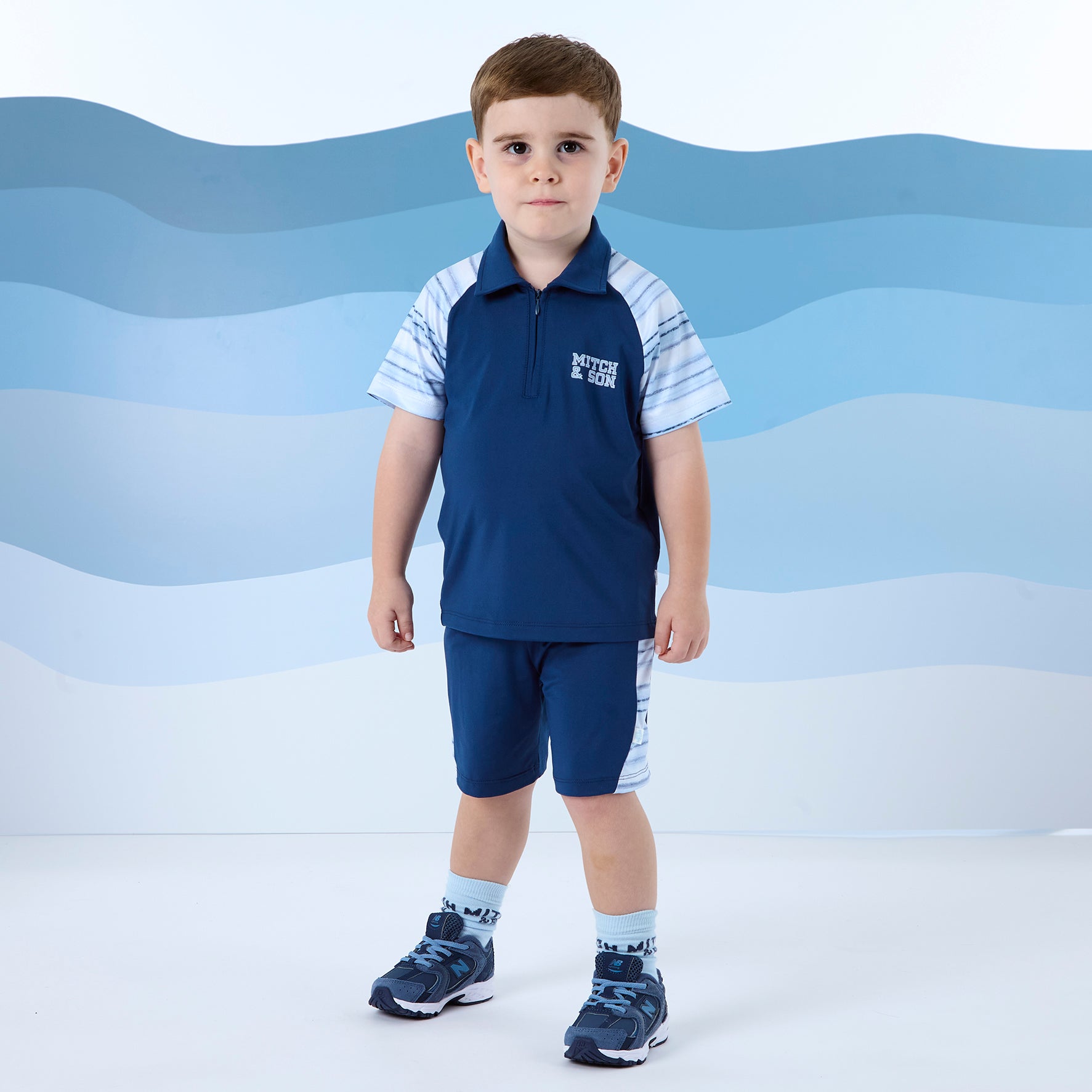 MITCH & SON - Flynn Beyond Blue Poly Stripe Polo Short Set - Sailor Navy